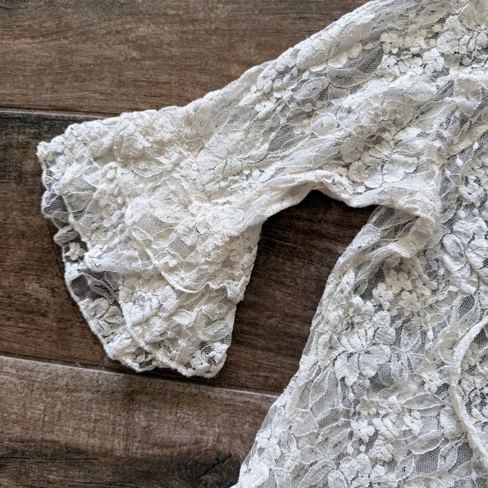 New York & Company Vintage Whimsigoth Tie Front Bell Sleeve Lace Blouse, Ivory,M - Picture 3 of 11